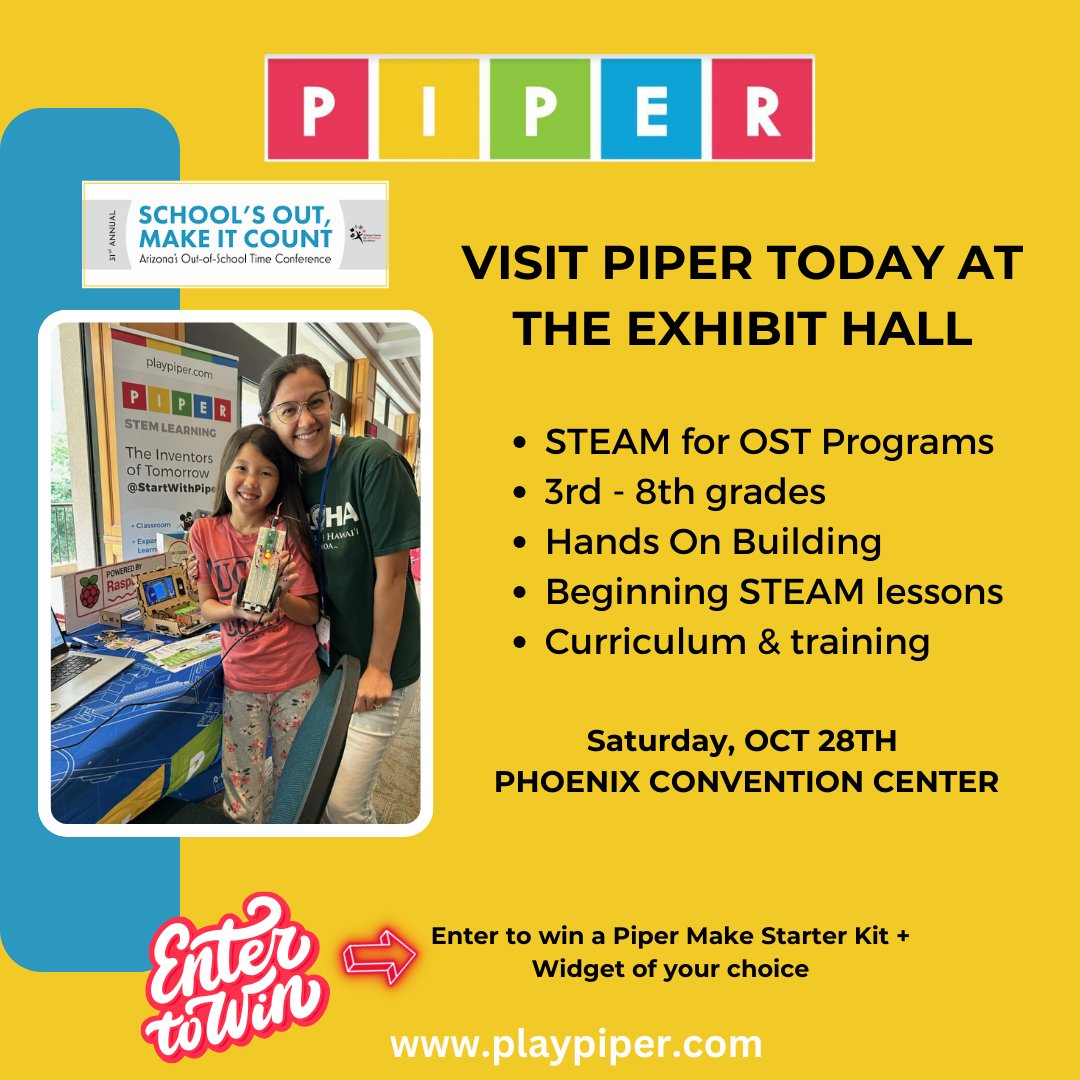 Piper on X: 📢 Today is the day! We are looking forward to meeting all the  dedicated AZ OST professionals attending the conference! Stop by the Piper  Learning booth to talk STEM