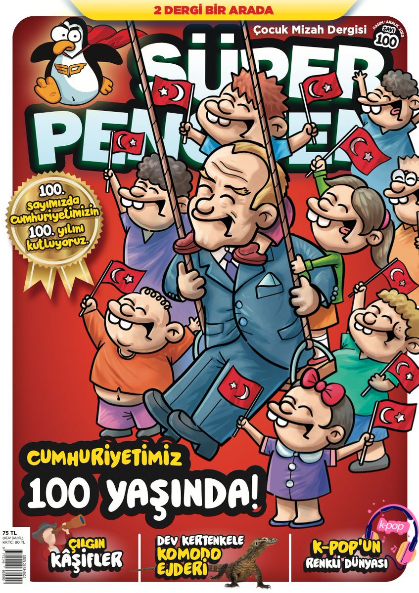 Şimdiye kadar çizdiğim en güzel kapak sanırım. Cumhuriyetimizin 100. yılında, Süper Penguen’in 100. sayısının kapağı. Yeni nesillere Atamızı ve Cumhuriyetimizi anlattık. 😀🇹🇷