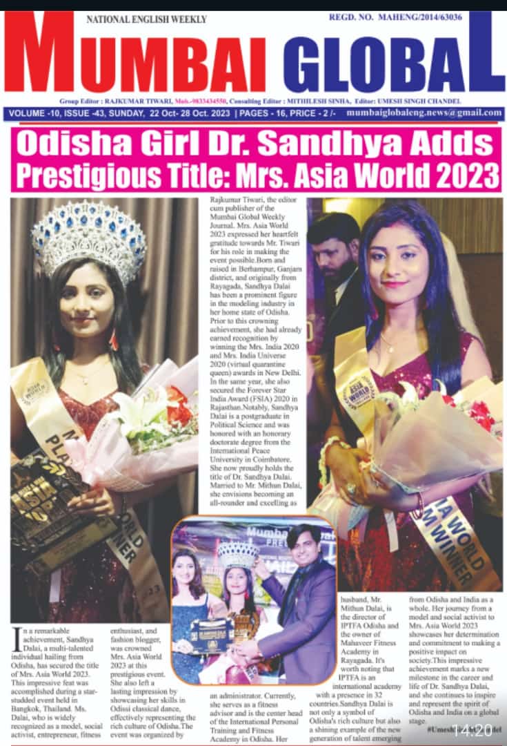 Winner of Mrs Asia world @Thailand
#Mrsasiaworld2023
#sandhyadalai
#proudofindia
#proudofodisha