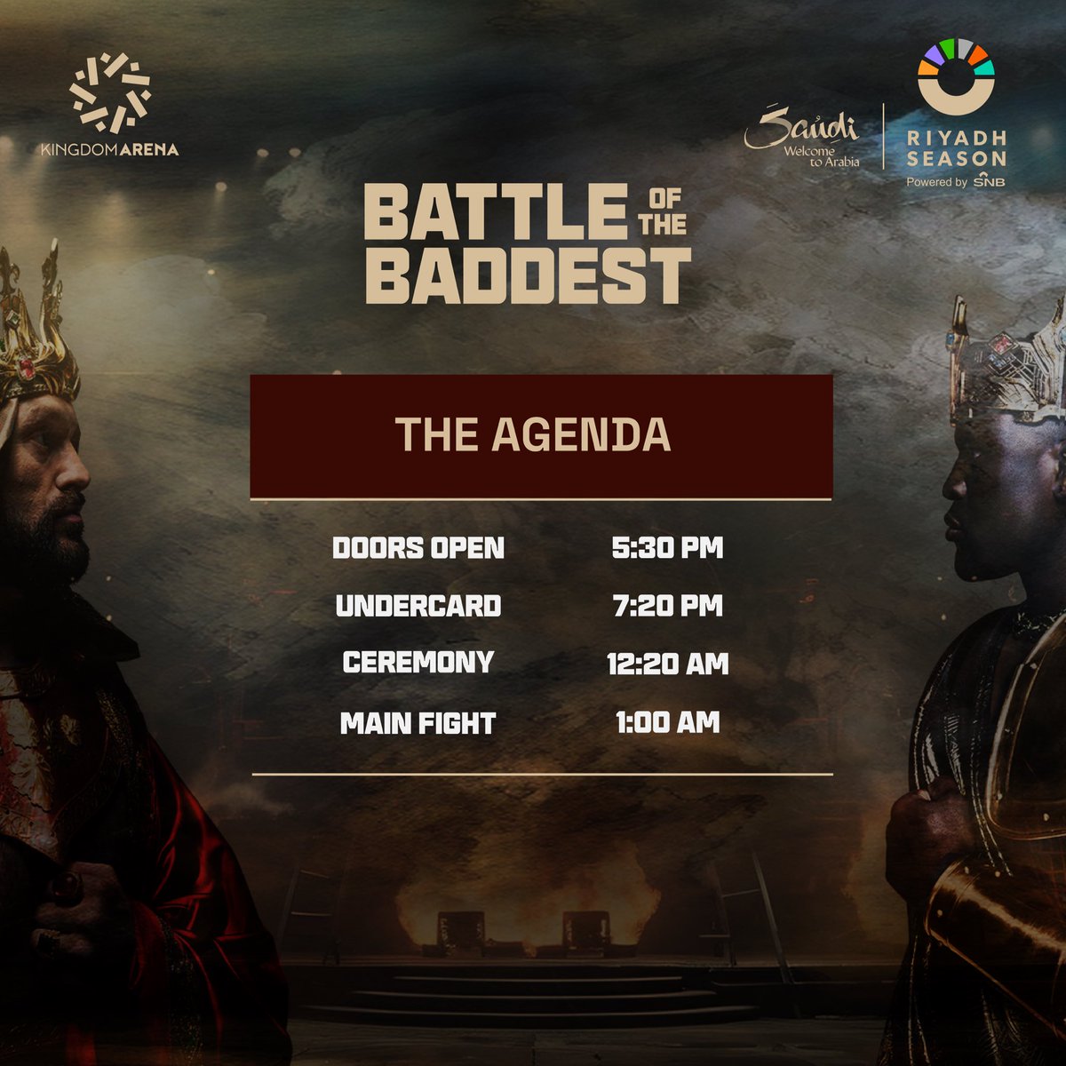 Turki_alalshikh's tweet photo. تعرفوا على أجندة حفل افتتاح موسم الرياض و النزال التاريخي #BattleOfTheBaddest … واستعدوا لأقوى نزالات تاريخية في #موسم_الرياض 🔥🥊

#BigTime
#RiyadhSeason https://t.co/FoDSVy6JcZ