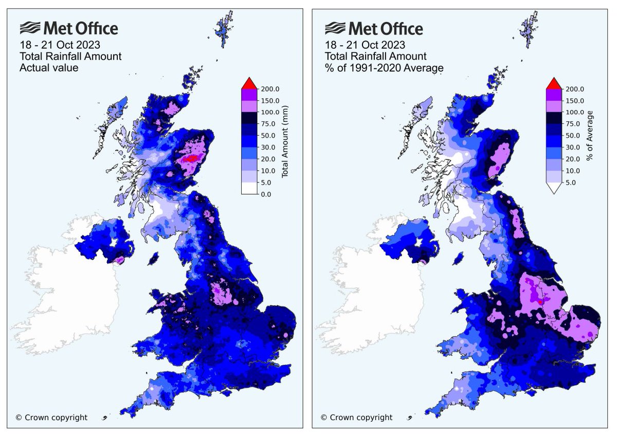 EAST: The Met Office has published a detailed report on #StormBabet, which gave much of the region a month's worth of rain (or more).

In Suffolk, Wattisham and Charsfield both recorded their wettest October day on record (09 UTC 19th to 09 UTC 20th).

➡️metoffice.gov.uk/binaries/conte…