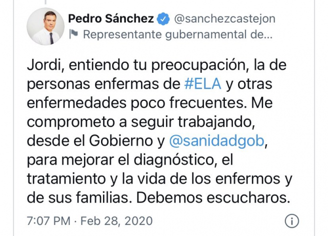 Jordi Sabaté Pons (@pons_sabate) on Twitter photo Hoy hace 43 meses que <a href="/sanchezcastejon/">Pedro Sánchez</a> se comprometió conmigo públicamente que ayudaría a vivir a los enfermos de ELA.
Me mintió.
Desde entonces han muerto 4.400 seres humanos sin tener ayudas públicas para poder elegir vivir y alargar su esperanza de vida.
No es justo. Hoy hace 43 meses que <a href="/sanchezcastejon/">Pedro Sánchez</a> se comprometió conmigo públicamente que ayudaría a vivir a los enfermos de ELA.
Me mintió.
Desde entonces han muerto 4.400 seres humanos sin tener ayudas públicas para poder elegir vivir y alargar su esperanza de vida.
No es justo.