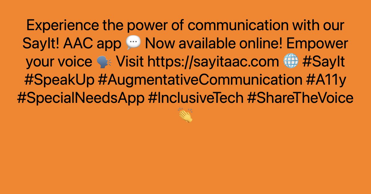 enaboapps's tweet image. Experience the power of communication with our SayIt! AAC app 💬 Now available online! Empower your voice 🗣️ Visit ayr.app/l/BXfi 🌐 #SayIt #SpeakUp #AugmentativeCommunication #A11y #SpecialNeedsApp #InclusiveTech #ShareTheVoice👏