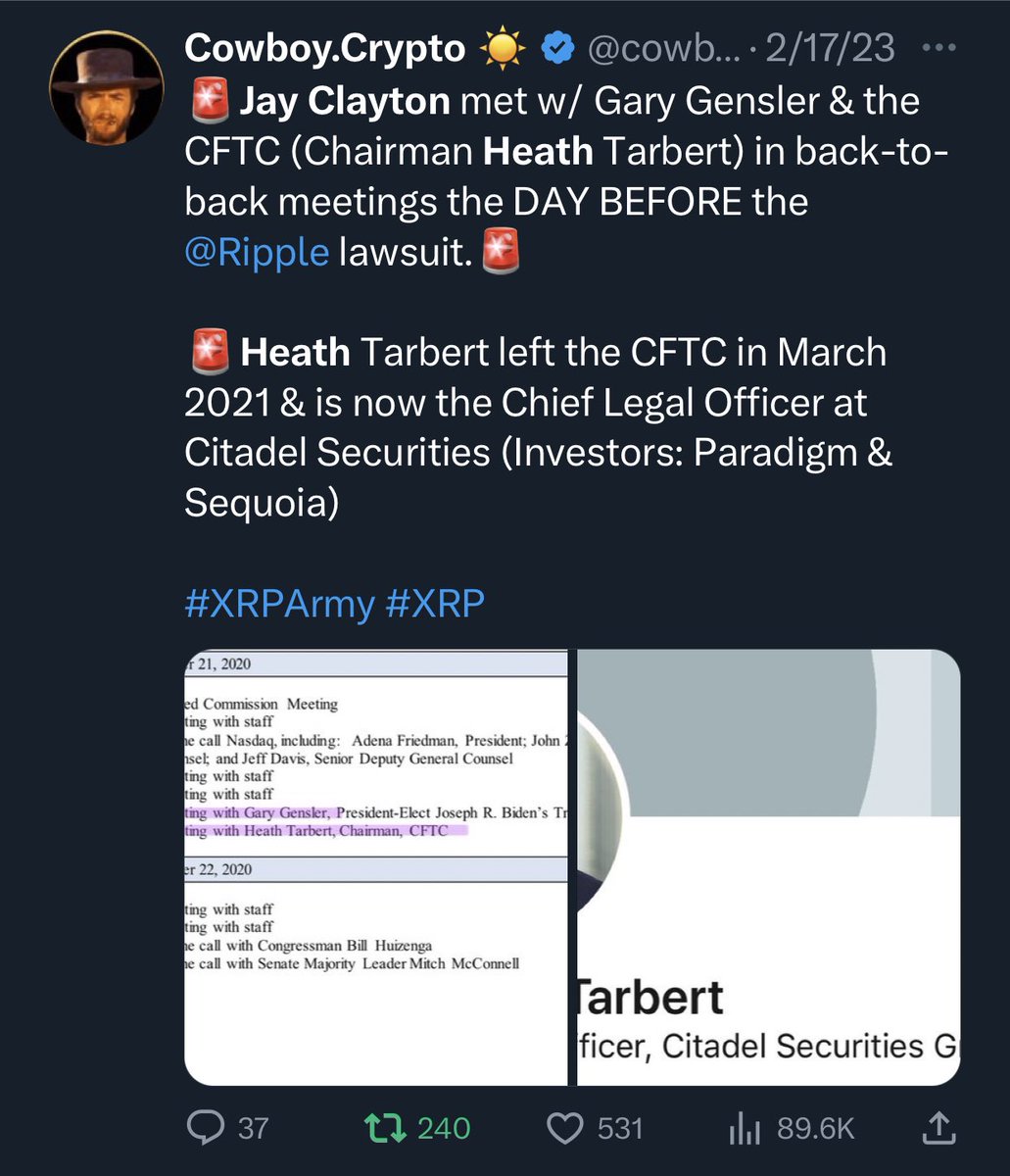 cowboycrypto313's tweet photo. @bgarlinghouse @ginjaNFTs @cameron @SECGov @GaryGensler @CNBC @SquawkCNBC Jay met with Gary and Heath Tarbert the day before he sued you. Hinman goes to A16Z with Brain Quintenz (CFTC), and Heath goes to Citadel funded by Sequoia Capital and Paradigm. Matt Huang is co-founder at Paradigm and ex Partner at Sequoia. https://t.co/GGapjGxepo