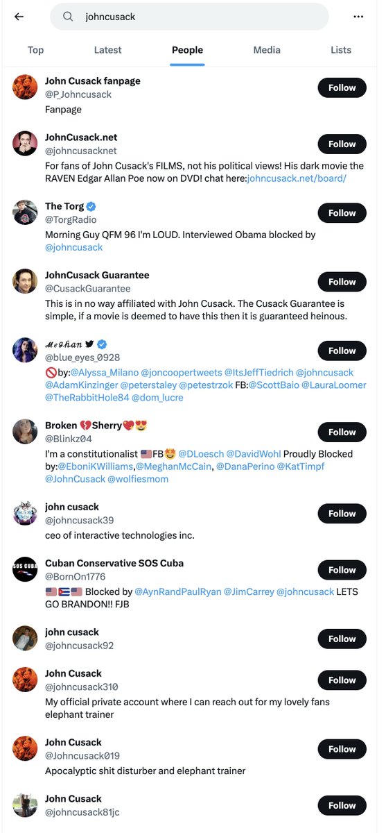 Remroum's tweet photo. Speaking of people being shadowbanned, @JohnCusack doesn't come up when you search for him. Not when you search under "people" either. Not even when you put in his full Twitter handle. https://t.co/Zdef11QIgl