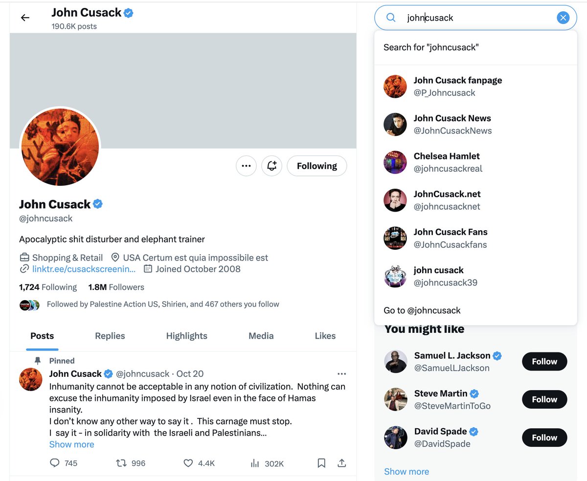 Remroum's tweet photo. Speaking of people being shadowbanned, @JohnCusack doesn't come up when you search for him. Not when you search under "people" either. Not even when you put in his full Twitter handle. https://t.co/Zdef11QIgl