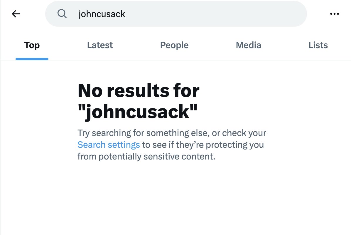 Remroum's tweet photo. Speaking of people being shadowbanned, @JohnCusack doesn't come up when you search for him. Not when you search under "people" either. Not even when you put in his full Twitter handle. https://t.co/Zdef11QIgl