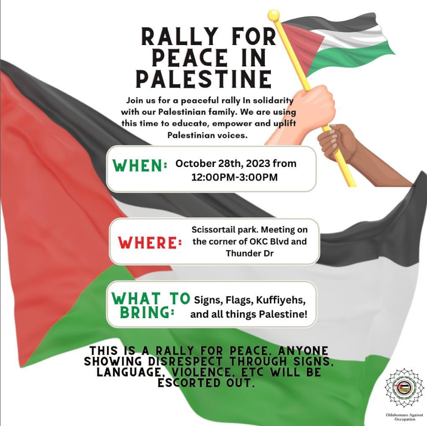 cair_oklahoma's tweet photo. TODAY: Rally for Peace in Palestine organized by Oklahomans Against the Occupation at 12:00 PM #okc @okoccupation https://t.co/3vucxh5dl7