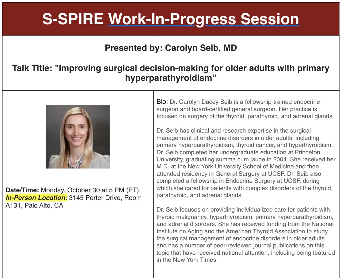 Stanford Surgery (@stanfordsurgery) on Twitter photo In-Person WIP this week with the incomparable <a href="/DaceySeib/">Carolyn Dacey Seib</a>! Join us MONDAY 10/30 at 5PM <a href="/StanfordSPIRE/">S-SPIRE Center</a> (3145 Porter Drive, Room A131, Palo Alto, CA) #hyperparathyroidism In-Person WIP this week with the incomparable <a href="/DaceySeib/">Carolyn Dacey Seib</a>! Join us MONDAY 10/30 at 5PM <a href="/StanfordSPIRE/">S-SPIRE Center</a> (3145 Porter Drive, Room A131, Palo Alto, CA) #hyperparathyroidism
