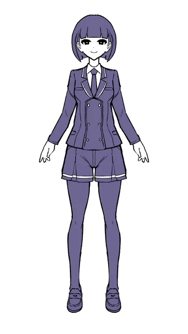反転可能な立ち絵ツールでブレザーなどの制服を作るとボタンの掛け方が反転した時に左右逆になってしまうので、色数少なく低作画コストでそこそこの情報量を含みつつ、ぱっと見ブレザーっぽいシンメトリーデザインの制服モデル考えてみた。下はスラックスとかにしてもいいし、丸パクリしてもいいよ。 