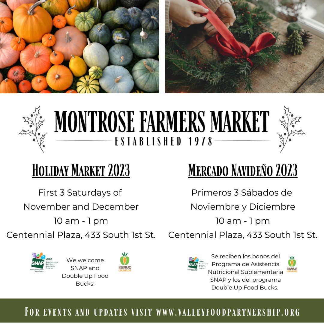 Today is the last Saturday of the summer Montrose Farmers Market. 🍒 🍏 Starting next week, the market will be open the first three Saturdays in November and December, from 10 am - 1 pm.  🍞 🥩 🧺