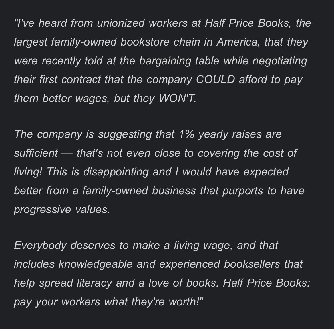 Leila A. McNeill (@leilasedai) on Twitter photo Proud to support <a href="/HPBUnionMN/">Half Price Books Workers United (MN)</a> in their fight for fair wages from <a href="/halfpricebooks/">Half Price Books</a>! ✊
Authors, booksellers need us! 👇 Proud to support <a href="/HPBUnionMN/">Half Price Books Workers United (MN)</a> in their fight for fair wages from <a href="/halfpricebooks/">Half Price Books</a>! ✊
Authors, booksellers need us! 👇