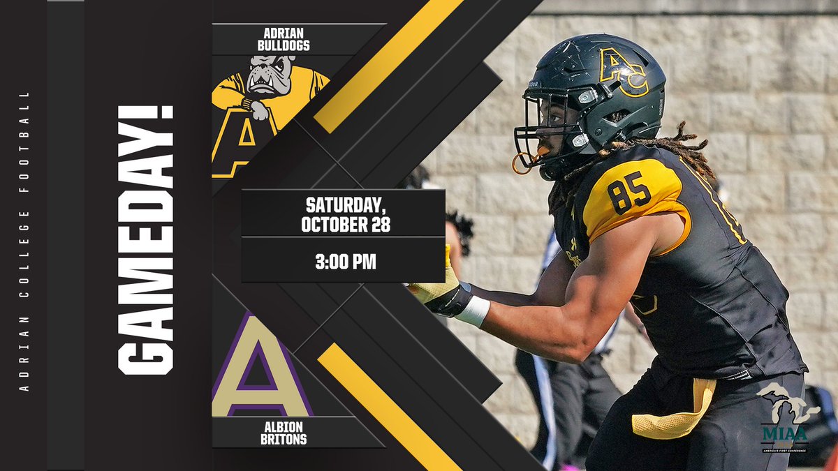 🚨GAMEDAY!🚨 🏈 @AdrianCollegeFB vs. Albion ⏰ 3:00 PM 📍 Docking Stadium 📺bit.ly/3R5HGXE 📻bit.ly/3Z3rcRq 📊bit.ly/3PzjYBT #d3fb #d3football #GDTBAB