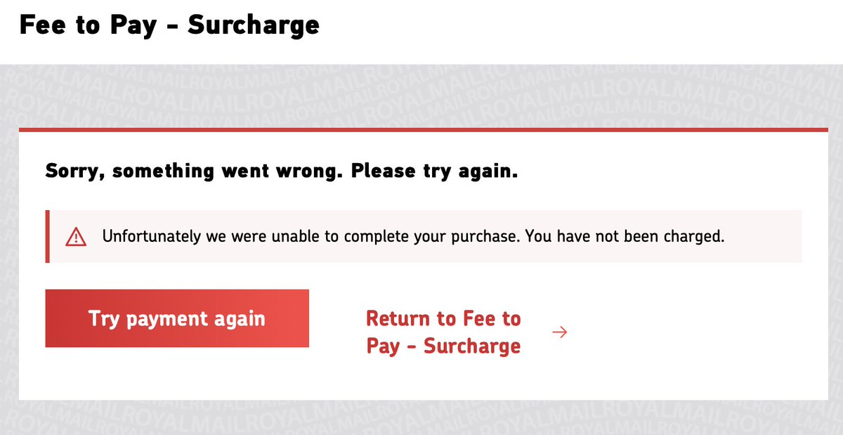 bsscdt's tweet photo. @RoyalMailHelp Are online payments for Fee to Pay broken? I've tried multiple times today on different browsers and devices and get the same message on all: https://t.co/X8mZM1P1Vh
