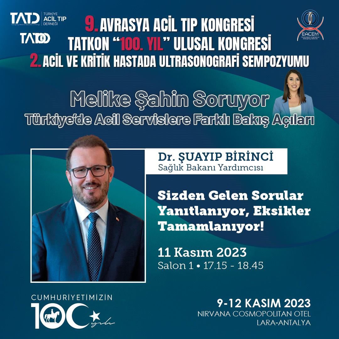 Türkiye Acil Tıp Derneği - TATD (EMAT) (@trtatd) on Twitter photo 🎙️Melike ŞAHİN Soruyor
“Türkiye’de Acil Servislere Farklı Bakış Açıları”🚨
Sağlık Bakan Yardımcısı Dr. Şuayıp BİRİNCİ ile sizden gelen sorular yanıtlanıyor, eksikler tamamlanıyor. ✅
11 Kasım 2023, Salon 1’de görüşmek üzere 👉🏻 eacem.org
<a href="/suayipbirinci/">Doç. Dr. Şuayıp Birinci</a> <a href="/melikessahin/">Melike Şahin</a> 🎙️Melike ŞAHİN Soruyor
“Türkiye’de Acil Servislere Farklı Bakış Açıları”🚨
Sağlık Bakan Yardımcısı Dr. Şuayıp BİRİNCİ ile sizden gelen sorular yanıtlanıyor, eksikler tamamlanıyor. ✅
11 Kasım 2023, Salon 1’de görüşmek üzere 👉🏻 eacem.org
<a href="/suayipbirinci/">Doç. Dr. Şuayıp Birinci</a> <a href="/melikessahin/">Melike Şahin</a>