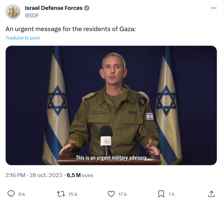 ContreAttaque_'s tweet photo. 7 octobre : Israël coupe l'électricité à Gaza.

27 octobre : Israël coupe TOUTES les communications et internet à Gaza.

28 octobre : l'armée israélienne adresse sur internet un "avertissement militaire" qu'aucun gazaoui ne pourra voir.

Propagande destinée au public occidental. https://t.co/9igX7tweHs