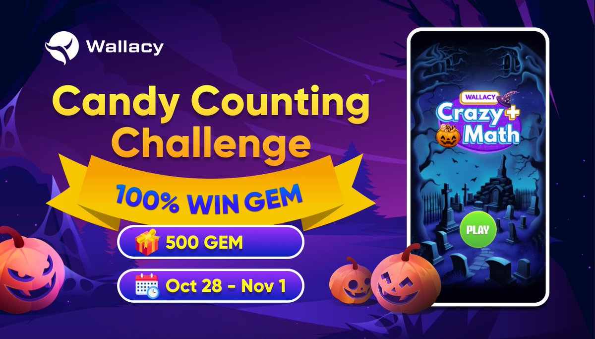 WallacyWallet's tweet photo. ๐ CRAZY MATH - HALLOWEEN CANDY HUNT TOURNAMENT ๐ฌ๐
Get ready for the special tournament #CrazyMath - the #Halloween Candy Counting Challenge! In this tournament, ALL players will get $GEM rewards! ๐ฌ
๐ฌ Time: 9 AM UTC Oct 28 - Nov 1
๐ฌ Entry fee: 0 GEM (FREE for everyone)
๐ฌ Prize Pool: 500 Gem
โก๏ธ Download #WallacyWallet now: https://t.co/56u0l5l2RK
โก๏ธ How to Play and Earn with Wallacy: https://t.co/OAQMF2kKe7