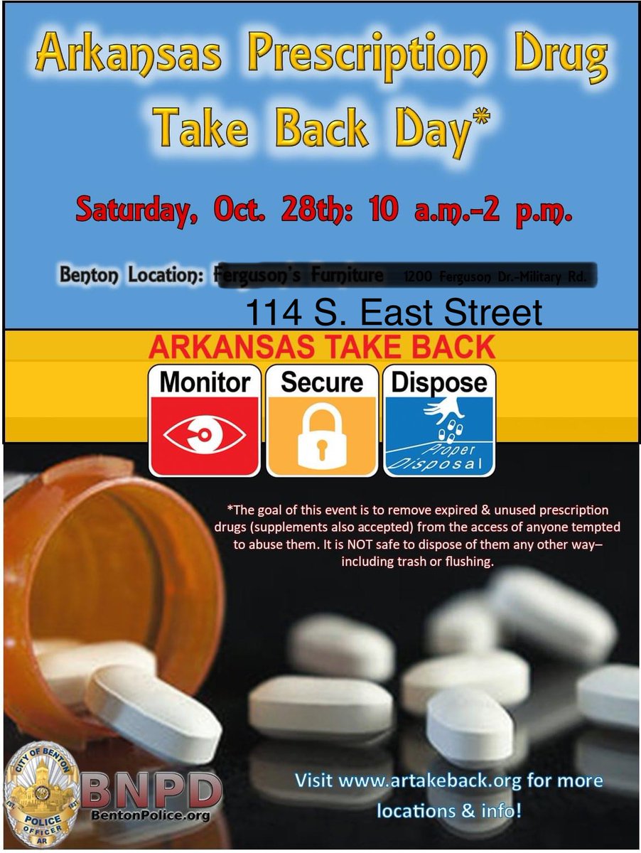 LOCATION CHANGE: Please come see us at Benton PD (114 S. East Street) from 10 a.m. to 2 p.m. for the DEA Prescription Drug Take Back Day!

Benton Animal Services will not be braving the weather, so please go see them at the shelter!!!

#BNPD #CommunityFirst