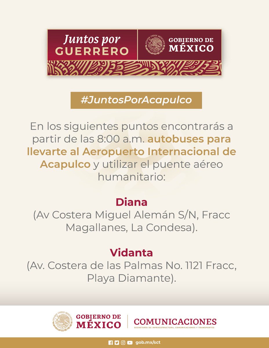 SICTmx's tweet photo. En los siguientes puntos encontrarás a partir de las 8:00 a.m. autobuses para llevarte al Aeropuerto Internacional de Acapulco y utilizar el puente aéreo humanitario: https://t.co/XZXbUeqfpY