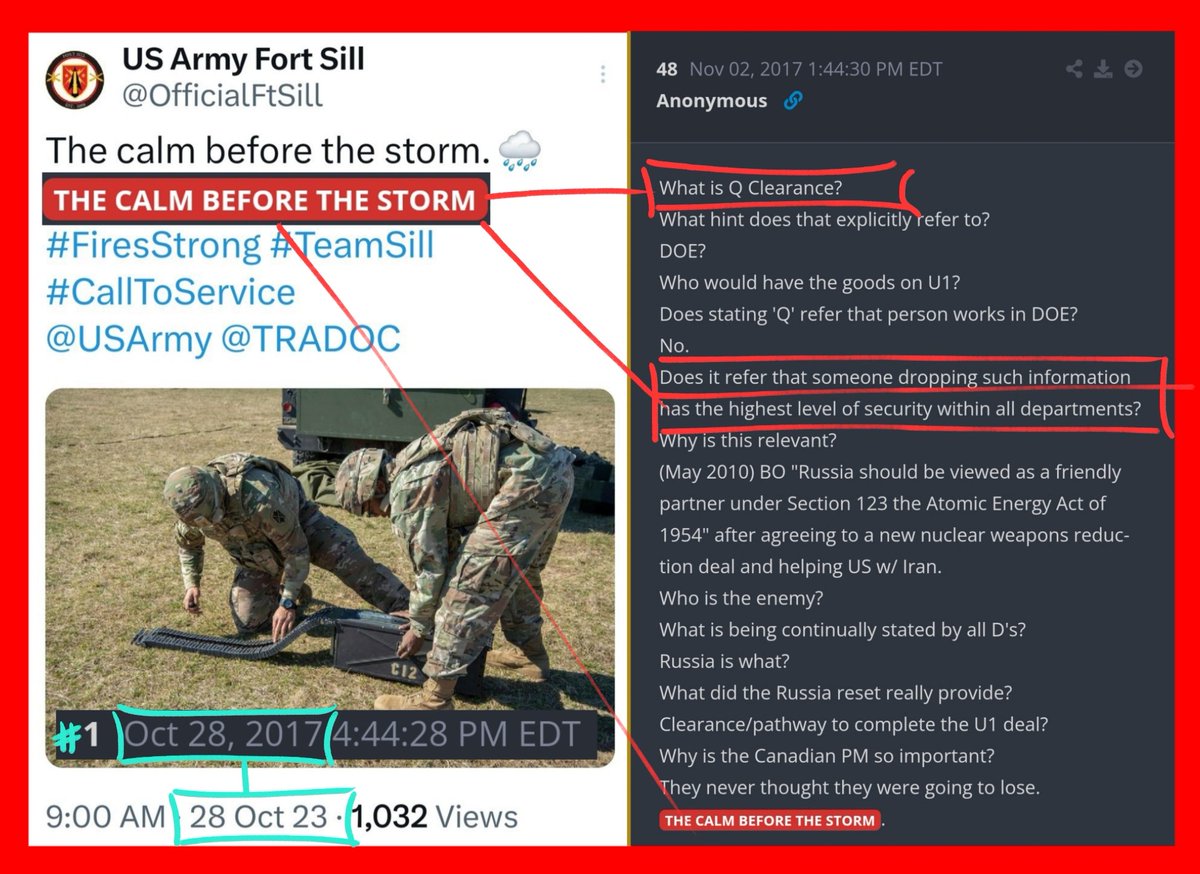 💥💥💥KABQQQQQM💥💥💥
SO ON THE 6 YEAR ANNIVERSARY OF THE FIRST EVER Q-DROPS, ARMY FORT SILL COMES OUT WITH:

🌧THE CALM BEFORE THE STORM🌧
#CallToService 

H/T to @kittyfangfang❤️🥂

ARE YOU READY FOR A HISTORIC WEEKEND?

Then Join us For a Marathon Trump Speech/Grasshopper