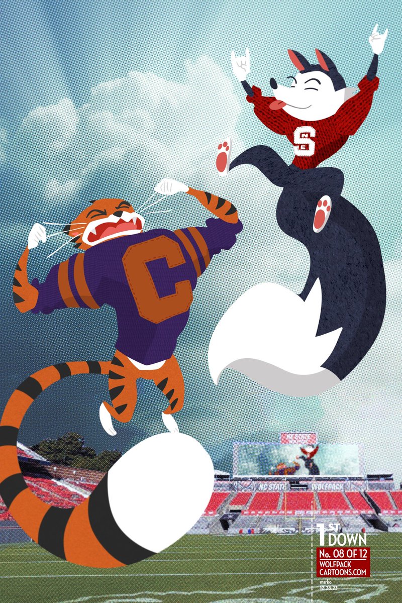 markmclawhorn's tweet photo. WOLFPACK IN THE HOUSE! 🐺⚡️🐅 It’s Homecoming 2023 at @ncstate and the #Wolfpack are set to take on the @clemsonuniversity #TIgers in the this year’s #TextileBowl classic. #WolfpackCartoons “1st Down!” spins into Week 8! #Wolfpack1st https://t.co/sTeJyENzQY