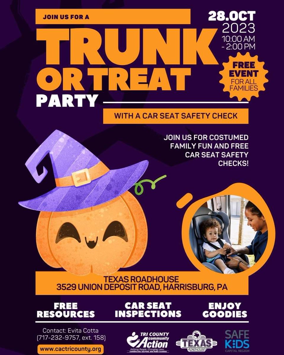 Happening now, a FREE Trunk-or-Treat at the Texas Roadhouse on Union Deposit Road in Harrisburg! Goodies for your little ghouls &amp; goblins, resources for families, and car seat safety checks! We're here until 2!