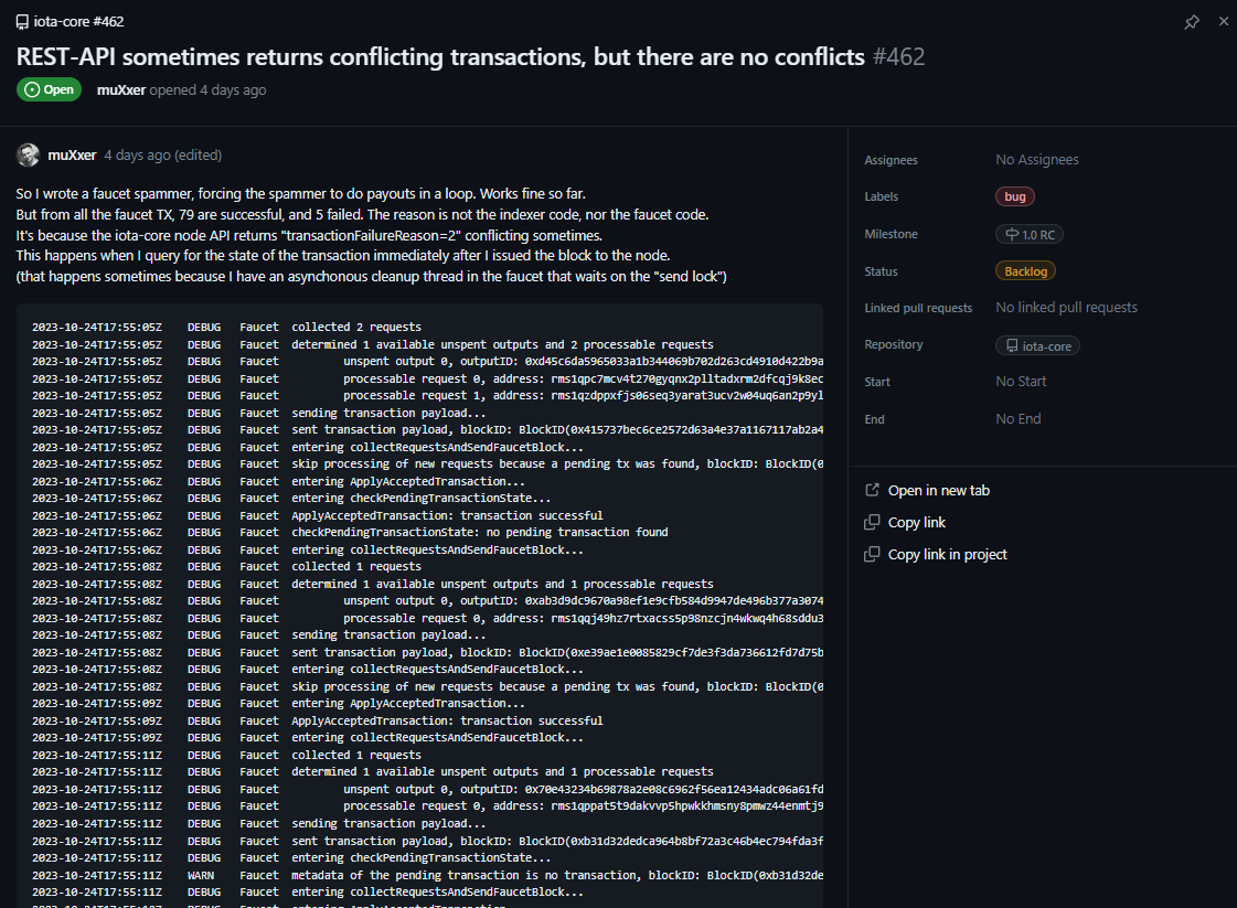 id_iota's tweet photo. GM 🌅 #IOTA Fam 🤖,

it’s time for another update on the development of #IOTAcore, the IOTA 2.0 node protocol.

Things continue to progress at a fast pace but the way of working has been changing slightly.

Feature completion is not the challenge anymore🏁

Let's have a look 👀

In my last development update on 𝕏 we discussed how the team planned to roll out the iota 2.0 nore protocoll. 

I recommend to read the tweet in order to understand how the different development milestones come together. 

https://t.co/FIBncw3Npg

TLDR: IOTA 2.0 with PoA consensus was super close to beeing feature complete. IOTA 2.0 with dPoS consenus had a few features left that haven't been integrated yet.

Well that has changed. We have reached (initial) feature completion with IOTA 2.0 running on PoA as well as running on dPoS. 

If you check the latest dashboard of Milestone 1.1 (IOTAcore Node protocoll running with dPoS) on GitHub you can clearly see, that since this week there a no Issues left to be adressed. 

So as announced the team would be ready to release a testnet running with dPoS as soon as every piece falls into place. 

As @qaiza_ pointed out on my last update, it has been confirmed by the team that they will skip a release with PoA, since dPoS should be ready whenever they want to launch the testnet.

But as always, i want to remind you that we aren't there for a testnet yet. There is loads to do in order to get the protocoll in a releaseable state. We need to geth through the "hardening phase". 

In the beginning i said the way of working has slightly changed and this is indeed the case. The team really moved on from pushing features towards testing every possible edge case and fixing upcoming bugs.

Most of the upcoming Issues, that are added to the release candidate milestones, have a debugging log and a short descrption of the error attached. 

GitHub Issues don't describe features or complex mechanisms anymore but describe a bug. A good example is the Issue below recently raised by   

Overall the GitHub activity gets even more dynamic. More Issues are raised and resolved in even shorter time than up to now. 

Furthermore we see some of the tidious ToDo-Issues adressed. A clear sign the developers don't have any excuses to avoid adressing them😬

While i wont go through all open Issues, i would like to give you a feeling about the work left to do. 

Overall there a roughly 24 Issues in the backlog, there is on Issue which needs to be discussed, and 7 Issues are currently beeing worked on.

Most of those Issues are either Bug fixes, smaller additions to the protocol or remaining ToDos and clean up work. 

I am still be optimistic about an release end until end of the year. It will be heavily dependent on the progress of the other infrastrucutre (wallets, explorer, etc.) but i have a good feeling 

That's it for today. Enjoy your weekend🥤

Get ready to particpate on the @DeeprFinance fairlaunch on @ShimmerSeaDEX  tonight! Play some @IotaHeroes and prepare for the upcoming PvP-Tournament or bridge some #bitcoin over to @shimmernet through @iotampc and provide liquidity on @iotabee 

There is loads to do. Loads to explore in the #IOTA #Shimmer ecosystem. Let's do all that while waiting for whats to come🧡🚀
