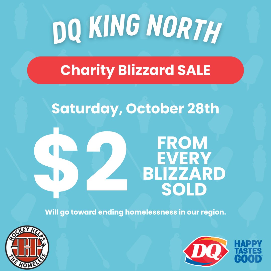 BLIZZARD DAY at Dairy Queen King North in Waterloo. $2 from every Blizzard sold will go towards Hockey Helps the Homeless - Waterloo Region.

Also, go in the store and enter their raffle draw to have the chance to win one of four awesome prizes. 

#kwawesome #wrawesome #HHTHWR