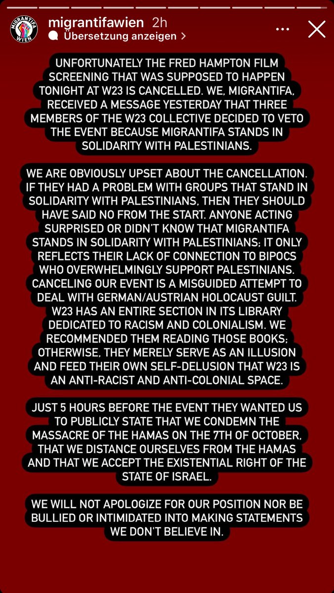 Bini_Guttmann's tweet photo. Die @MigrantifaWien macht ihre Position klar. Das Pogrom der Hamas von 7. Oktober zu verurteilen, ist ein „Statement we don’t believe in“. 

Jüdische Leben sind der Migrantifa offenbar egal. Massenmord als „antikoloniale Praxis“. https://t.co/gvZKjA57mP