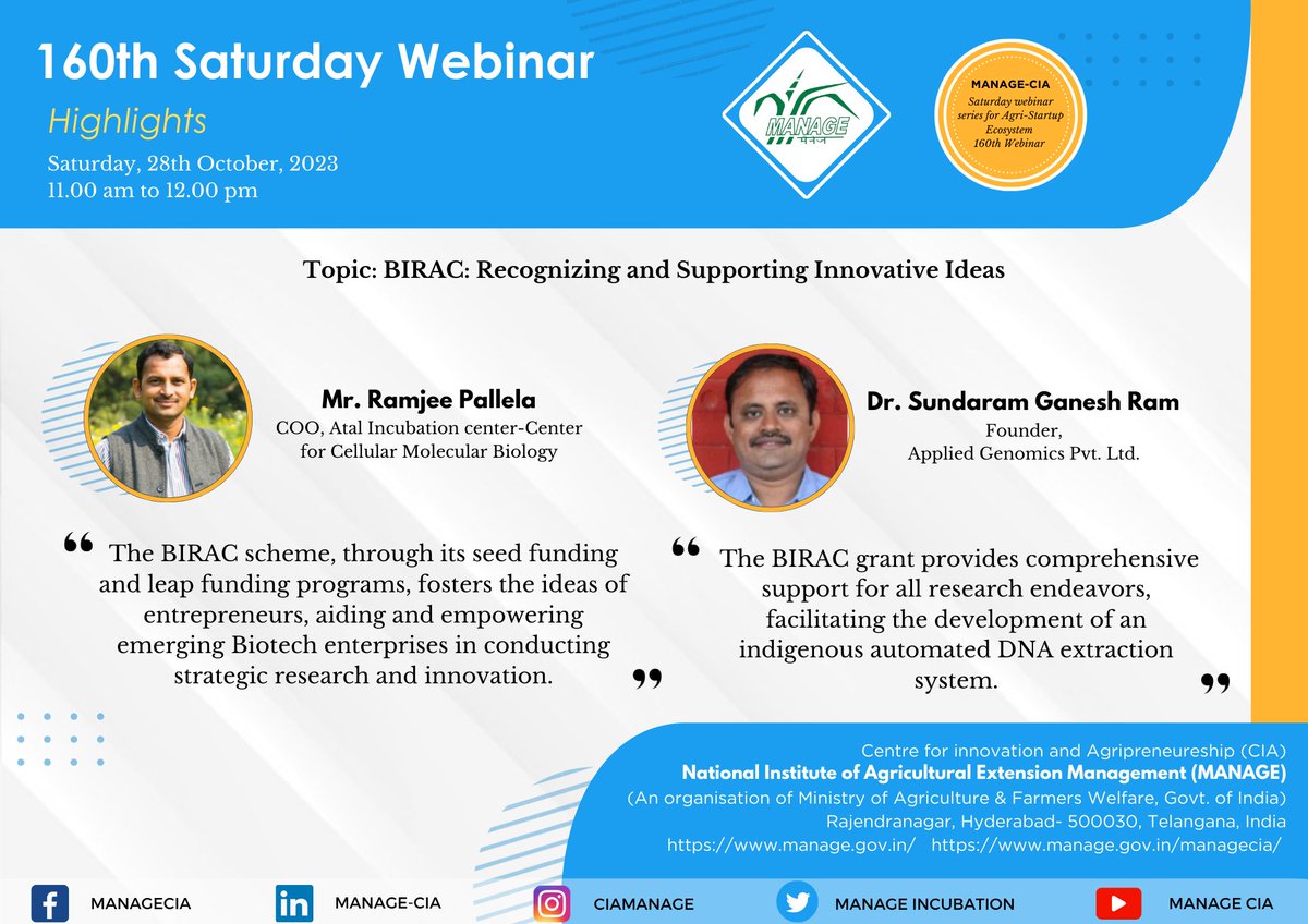 MANAGE-CIA hosted its 160th Saturday #Webinar Series, dedicated to acknowledging and endorsing support from #BIRAC to foster the #innovations. This session delved into the spectrum of BIRAC initiatives, in the incubation, ideation, and advanced #funding phases.
