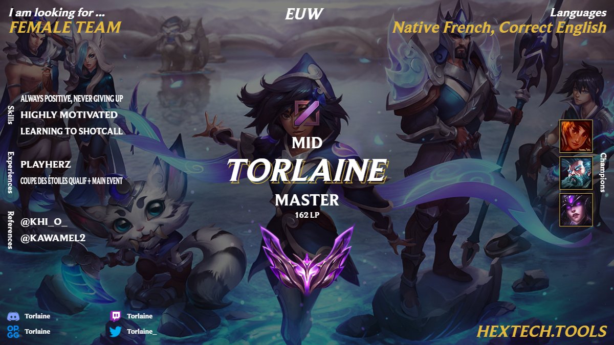 Strong of my first ever competitive experience in CDE with PlayHerz, I'm eager to show more of myself and to keep improving.
I have a really flexible schedule and I am more than determined to give my best !
Looking for both FR and EN teams :D
RT + 💜 would help a lot 🫶