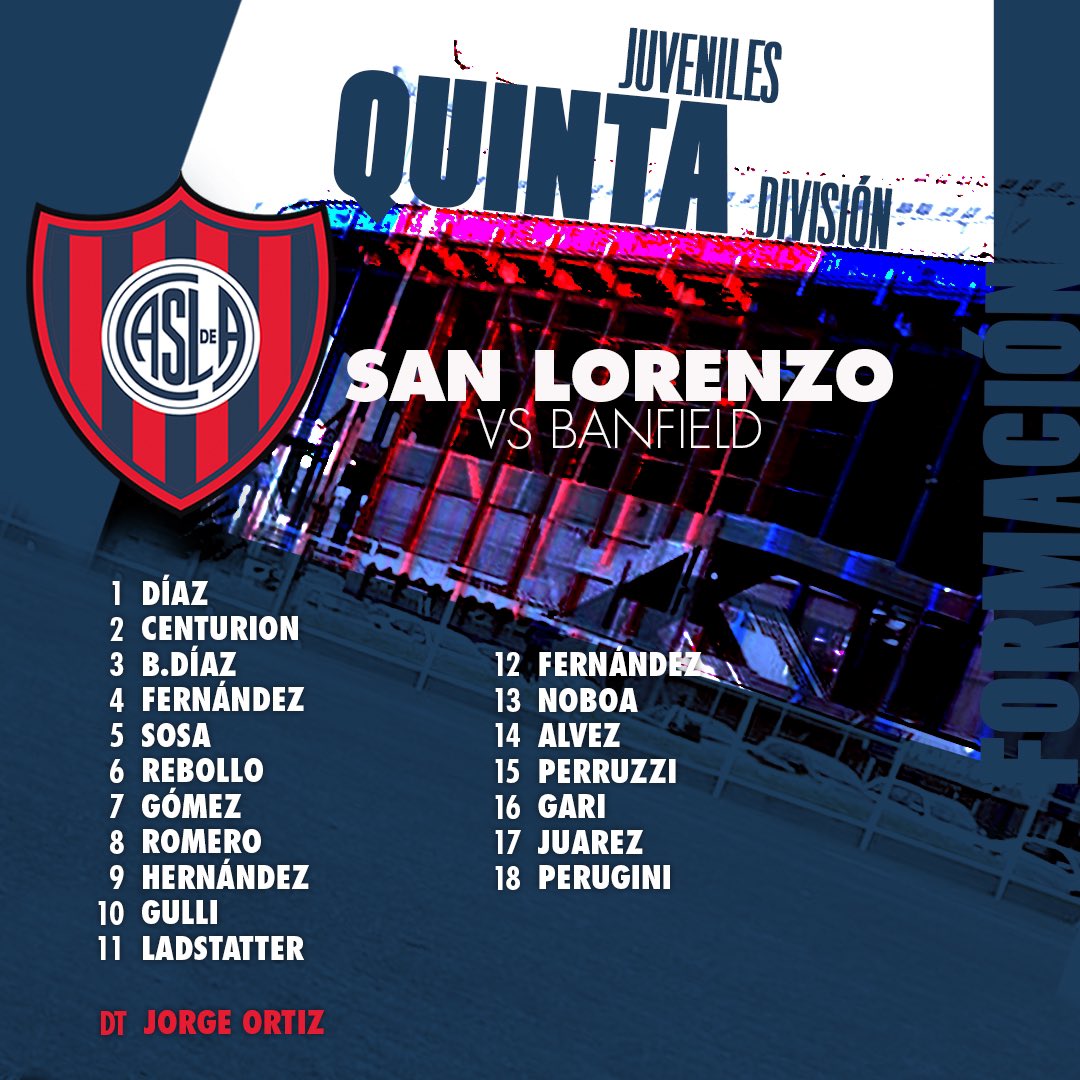 caslajuveniles's tweet photo. ⏱️ ¡Ya juega la #QuintaDivisión en Luis Guillón! 

👉 Así forma #SanLorenzo ante Banfield 

#VamosLosPibes 💪💙❤️ https://t.co/2047wHUiWE