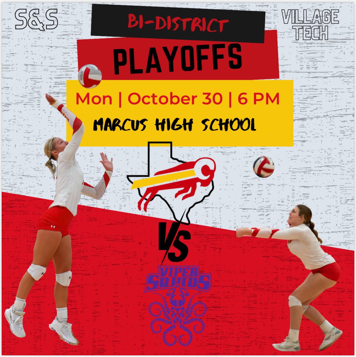 🚨Bi-District Playoffs🚨

🆚 Village Tech Viper Squids
📆 Monday, October 30th
⏰ 6:00 pm
📍Marcus High School
🎟️ Ticket info coming soon: passes accepted!