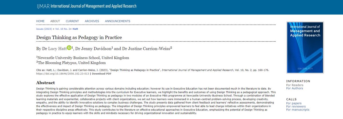📢Just published! By integrating #DesignThinking principles and methodologies into the curriculum for #Executive learners, we highlight the benefits and outcomes of using Design Thinking as a #pedagogical approach. @NCLBusiness @impactara #execed @EEUK tinyurl.com/bdfh5aa6