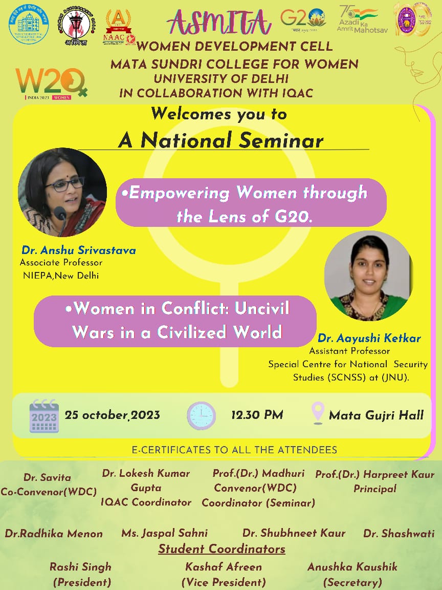 Aayushi Ketkar on X: Delivered a lecture on Women in Conflict: Uncivil  Wars in a Civilized World at Mata Sundari College for Women, DU. A  beautiful minority institution run by the prolific