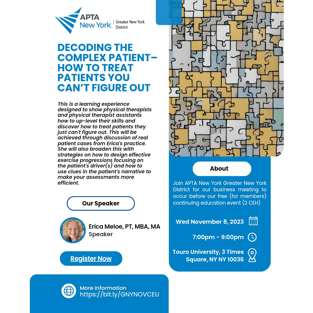 📚 PT/PTA clinicians &amp; students, join us for a FREE (for members) learning experience &amp; GNY business meeting! 🤓

🔍 Event: "Decoding the Complex Patient"

🗓️ Date: Nov 8, 2023
🕖 Time: 7-9 PM
🏢 Location: Touro University, NY

Register now!
➡️ More Info: bit.ly/GNYNOVCEU