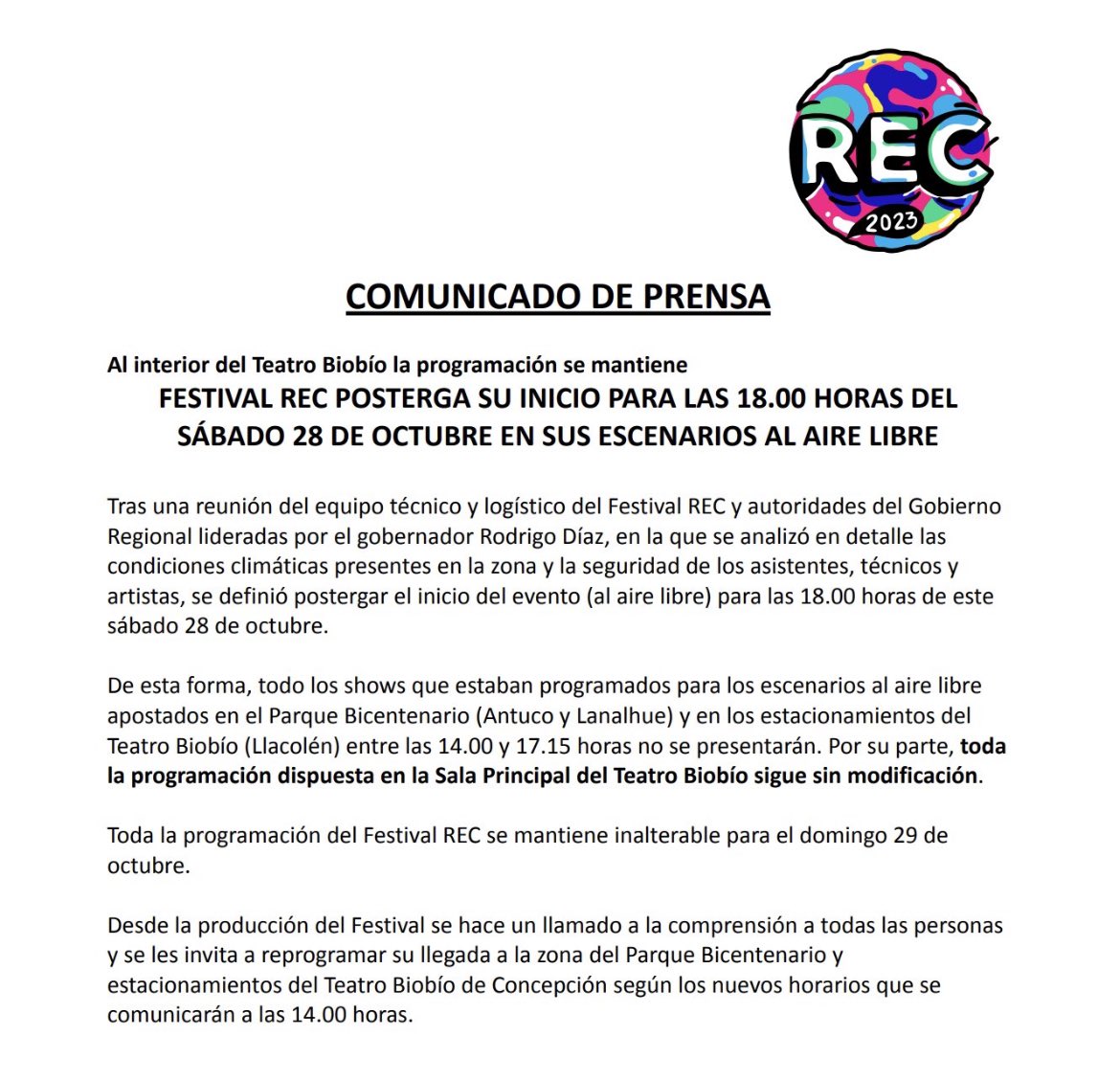 Festival Rec posterga su inicio hasta las 18.00hrs en todos los shows al aire libre.

Programación al interior del teatro sigue según cronograma.
