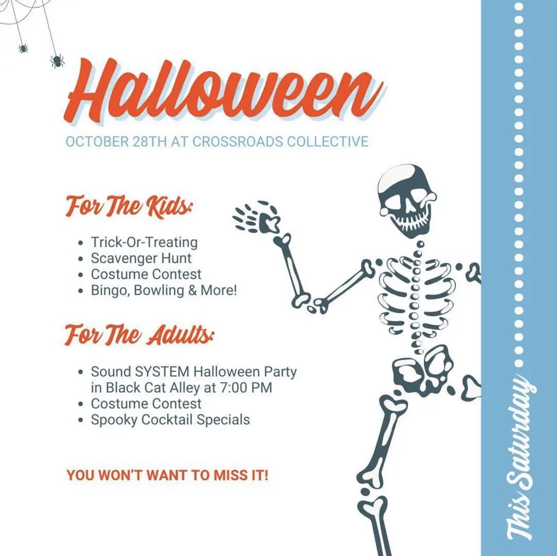 CrossroadsMke's tweet photo. Halloween fun today!

Children's activities from 11-5 (costume contest, scavenger hunt, bingo, bowling and more!)

Adults get 🍸 specials from The Pharmacy Bar 

Sound SYSTEM @BlackCatMKE party
beginning at 7PM. https://t.co/fWVPCLpmYy