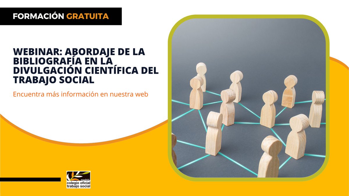 ColegioTSMadrid's tweet photo. #FORMACIÓN | Una semana es el tiempo del que dispones para apuntarte al curso gratuito:   

➡️WEBINAR: ABORDAJE DE LA BIBLIOGRAFÍA EN LA DIVULGACIÓN CIENTÍFICA DEL TRABAJO SOCIAL  

¡No esperes más y disfruta de esta formación!   https://t.co/y4RzSa2ftU https://t.co/txDCsxqsZU