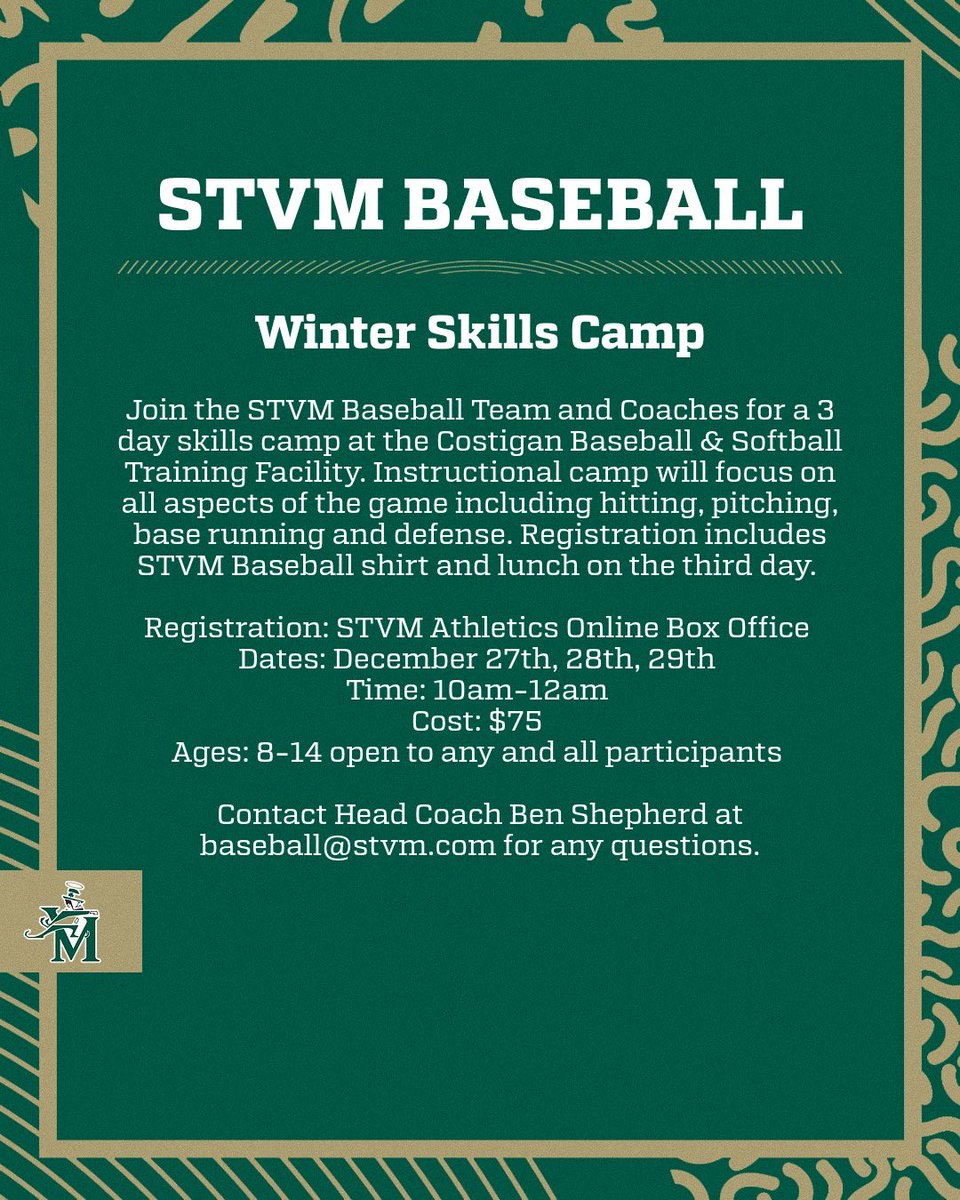 Registration is now OPEN for the STVM Baseball Winter Skills Camp! 

Registration link here: 

stvm.hometownticketing.com/embed/all?es=6…
