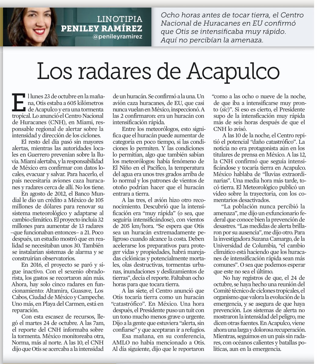 Arouet_V's tweet photo. Sabina Berman @sabinaberman:

Durante más de 24 horas usted ha mentido deliberadamente al afirmar que el presidente no supo del desastre que sobrevendría en Acapulco, Guerrero. @CarlosLoret ha demostrado que no  es cierto eso, el presidente pudo haber actuado antes, lo debió hacer. Hoy, @penileyramirez hace un recuento incontestable que exhibe la ineficacia del gobierno mexicano. Sí podía saberse.
