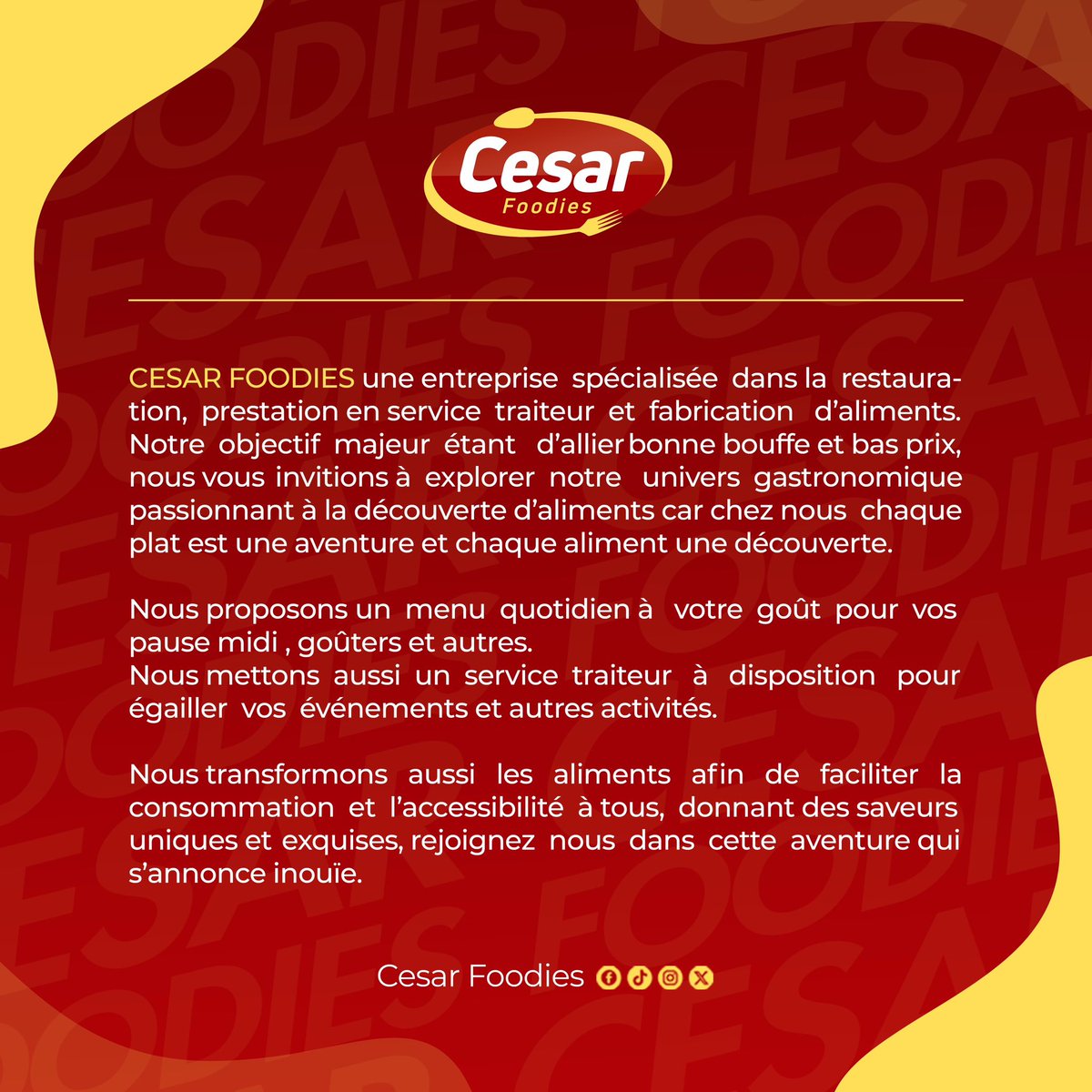 Hello la team aujourd’hui je vous présente mon nouveau projet que j’ai nommé ➜ @cesarfoodies un service de restauration à emporter, service traiteur et la fabrication des aliments, pour contribuer à la bonne alimentation de la communauté, et rapporter de ma touche d’innovation.