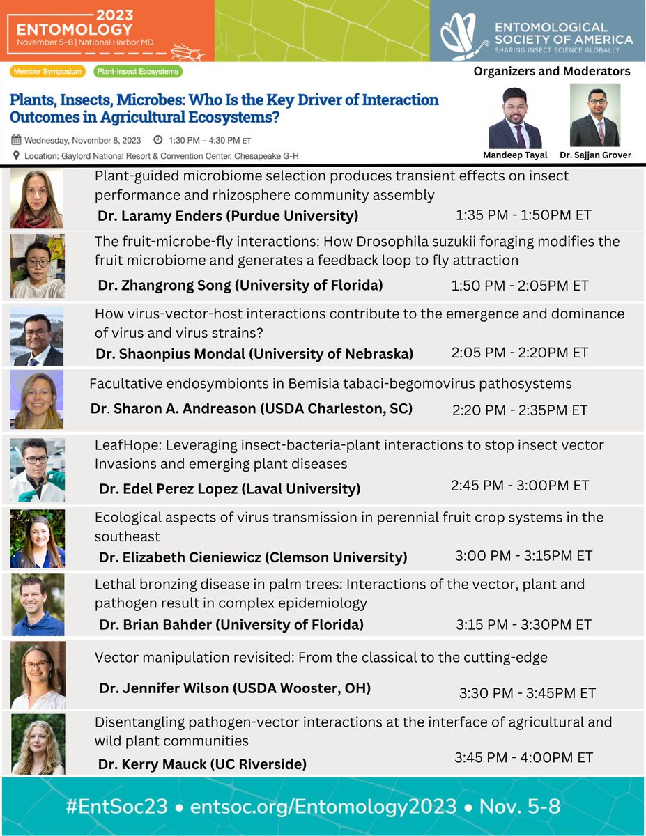RT! Just a week away from #EntSoc23. Join us at the Symposiums on Insect-plant-microbes interactions on Nov 8, 1:30-4:30 PM EST🐞🌱🦠. See you there <a href="/GroverSajjan/">Sajjan Grover</a>  <a href="/ejcieniewicz/">Libby Cieniewicz</a> @DrJennyWilson <a href="/Edel_PLopez/">Edel Pérez-López</a> <a href="/Shaonpius/">Shaonpius</a> <a href="/KerryMauck/">@AphidLady@arthropod.social</a> @Drs Laramy, Song, Sharon,Brian <a href="/EntsocAmerica/">Entomological Society of America</a>