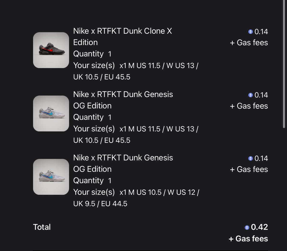 I forged <a href="/RTFKT/">RTFKT</a> x <a href="/nike/">Nike</a> AF1… but only three pairs 🌸👹😇

Quality 💯, dopest AF1s out there! 🔥
Happy AF to have them, sad to have only 3 🥲 

I dont want to have regrets, so I forged a few more #cryptodunks 😅

They look sick 🔥
Future is Now fam ! 🧬 #CLONEX