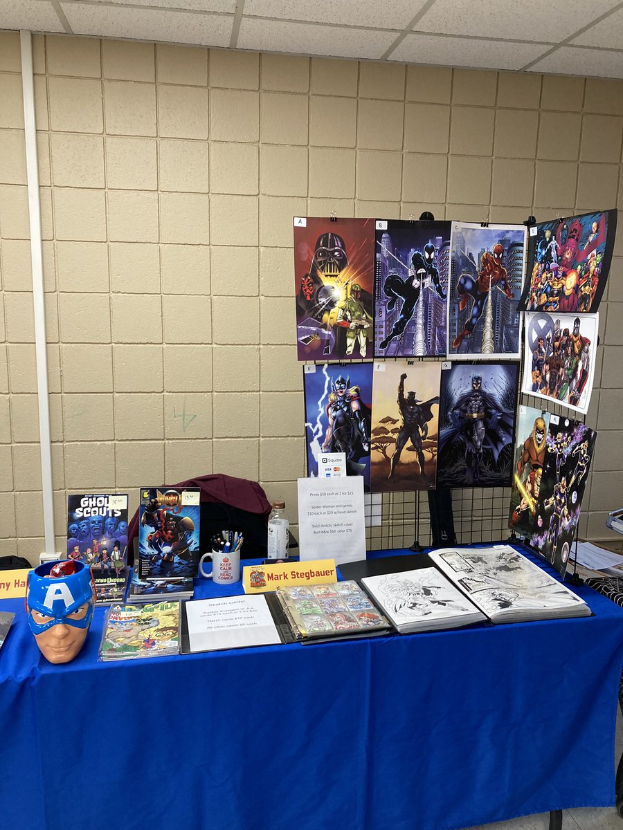 markstegbauer's tweet photo. All set up at the @mncbaorg #Fallcon show here at the Bloomington Armory! I’m here next to the panel room sitting beside my pal @ANMPH ! Also here is @ChandraReyer , Jessica Hickman and other cool creators in the room. https://t.co/M6NfxDKXlR