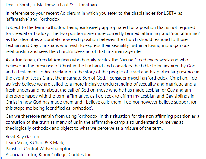 RevdRay's tweet photo. In response to a recent Ad Clerum from the episcopal team in the Diocese of Lichfield  concerning LGBT+ chaplaincies. I have written to the bishops concerning the use of the term 'orthodox' for the non affirming position in relation to Equal Marriage @campaign_cofe https://t.co/svPFaAJnrV