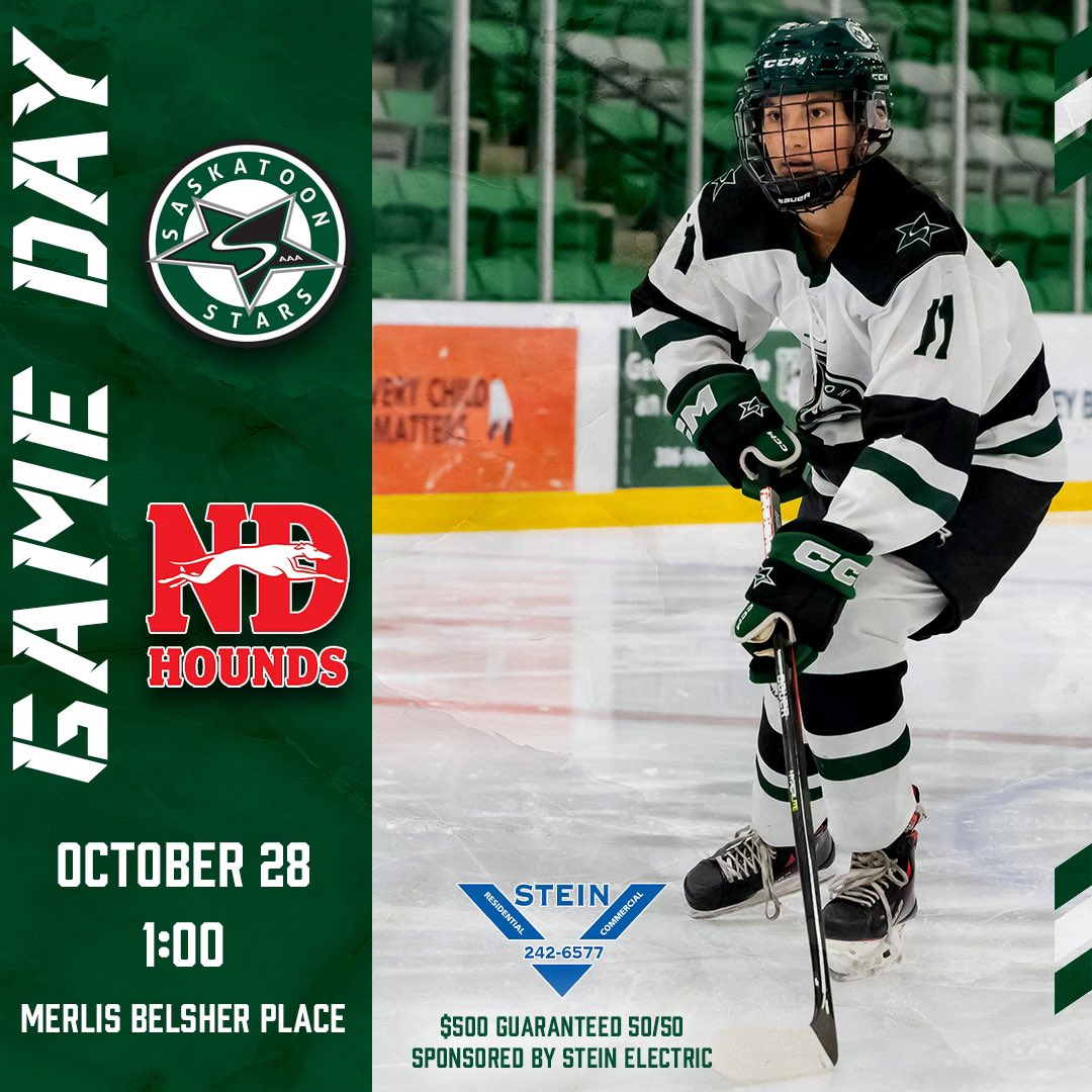 StoonStarsAAA's tweet photo. GAME DAY!

The Stars finally hit the ice for our first home games of 2023-24. Be in your seats early for player introductions. We have a guaranteed 50/50 of $500 sponsored by Stein Electric. 

🆚: @ndhoundshockey 
⏰: 1:00 
📍: @merlisbelsherplace 
💻: LiveBarn

#TimeToShine https://t.co/EtGg4RzGBI