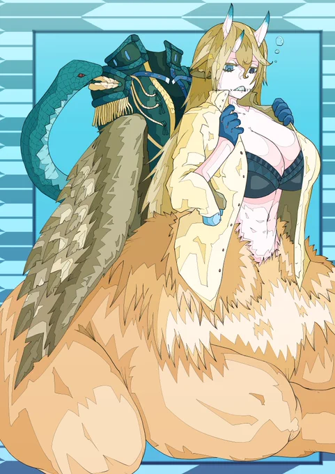 お題箱でいただきました3月21日に描いたタウル体形のキメラ娘をお着換え中のシチュです 