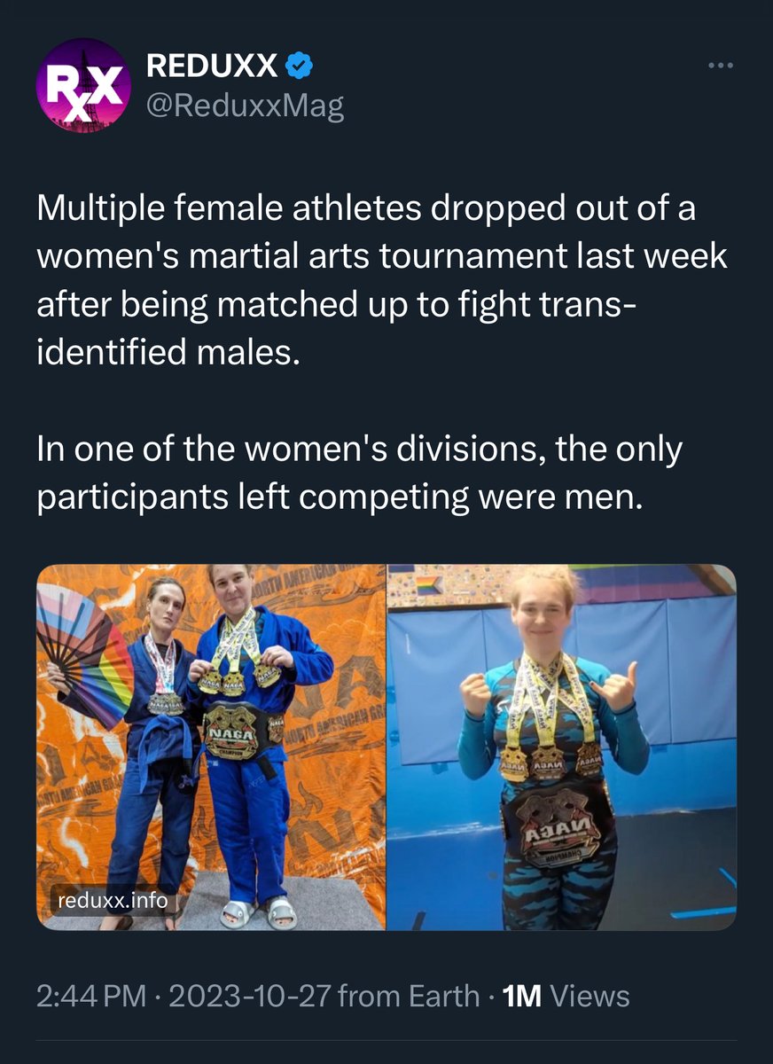 🚨BREAKING🚨

In response to Reduxx's exclusive report yesterday, the North American Grappling Association has issued a full policy revision.

Trans-identified males will now have to compete in the men's category. 

The female category will be exclusively for women.
