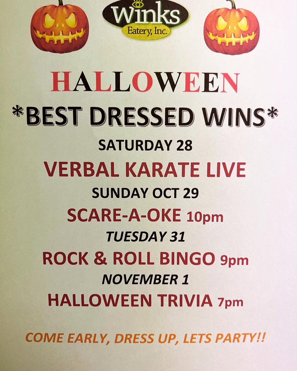 Halloween Saturday! Breakfast served until 4pm. Live music tonight with @verbalkaratemusic lots of prizes and Winks cash for best dressed! #halloween #uwo #westernu #fanshawe